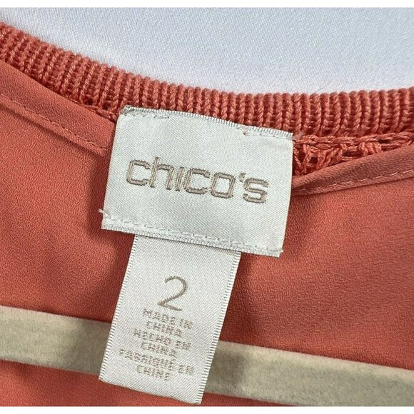 Chicos Crochet Open Knit Tunic Pullover L Layered Tank Slits Orange Boho V Neck - Picture 2 of 8